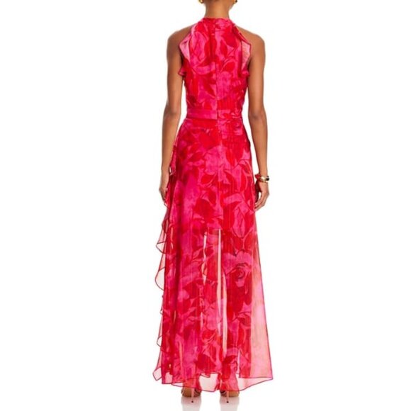 NWT AQUA Ruffle Chiffon Floral Maxi Formal Gown Fushia/Poppy 4 MSRP $258.00 - Picture 3 of 10